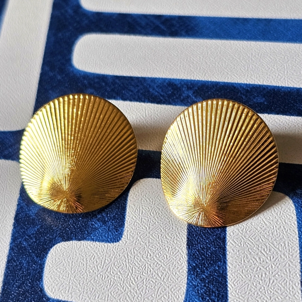 BOGO Monet ridged textured shell motif shiny gold tone earrings. ( clip on)